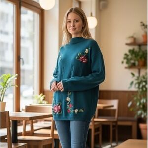 Vintage Chinawear Blue Floral Embroidered Mock Neck Knit Sweater Women's Size M